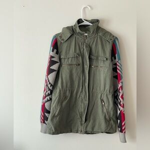 Thread & Supply Hooded Cargo Utility Jacket Aztec Knit Sleeve Green Size M